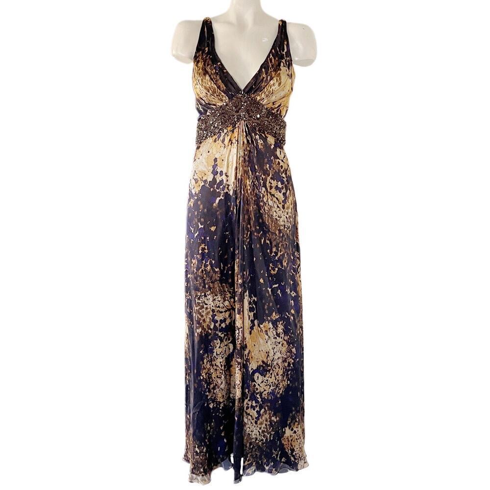 THEIA COUTURE SEQUIN V-NECK PURPLE GOLD BROWN SILK EVENING EVENT PROM GOWN 10 - Picture 2 of 10